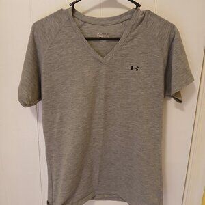 Under Armour Grey Short Sleeve Loose Athletic T-Shirt, V-Neck, Women's Large